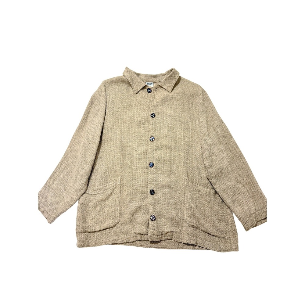 Vintage CP Shades Women Flax Rayon Blend Button‎ Front Chore Jacket Tan Small